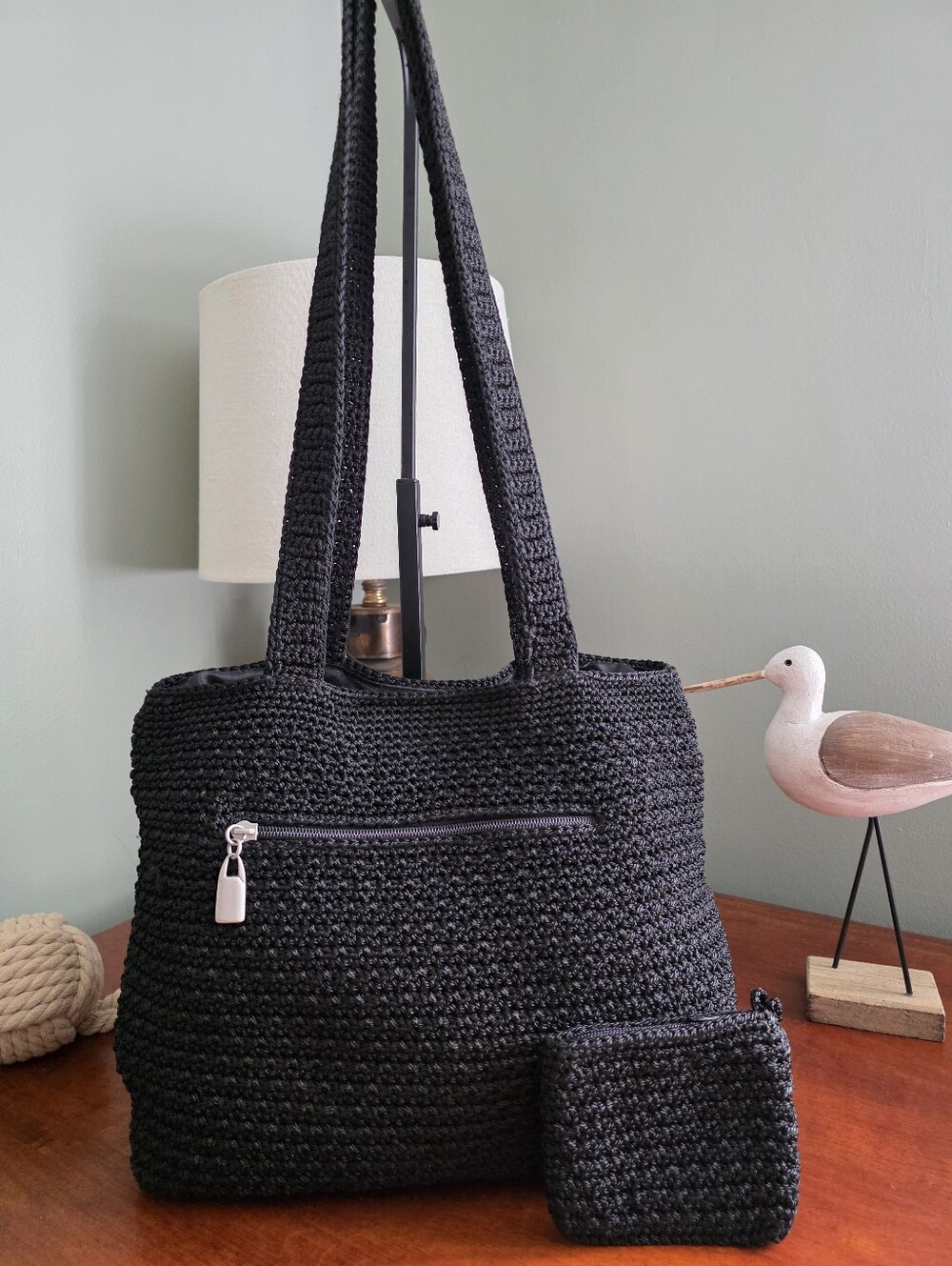 Sonoma Black Woven Market Tote Shoulder Bag Zip Pouch Boho